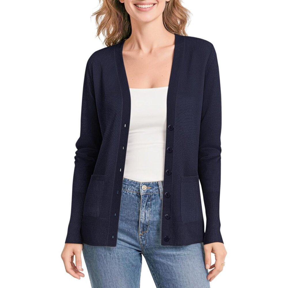 Women's V-Neck Button Down Cardigan Sweater Lightweight Knit Pockets